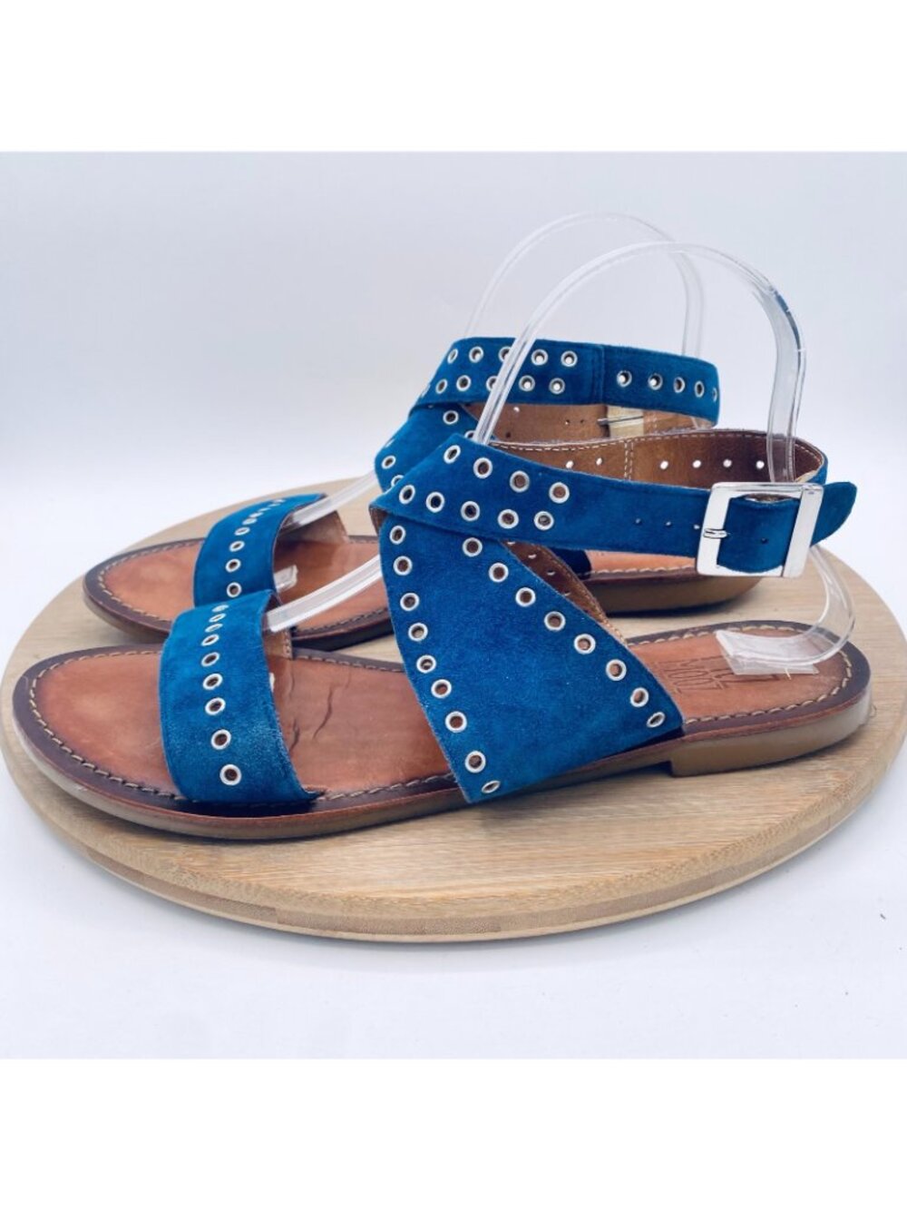 Miz Mooz Sandals Womens 8.5 Blue Leather Ankle Strap Studded Flats Peep - Picture 5 of 12